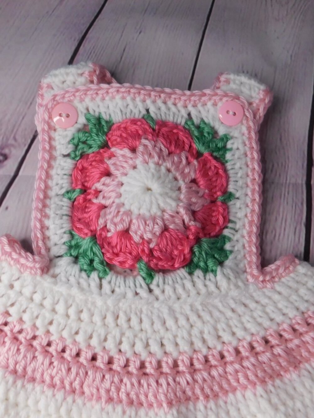 Crochet Baby Dress, Pink and White Flower, Newborn Outfit, Fits 0-3 Months - Picture 4 of 4